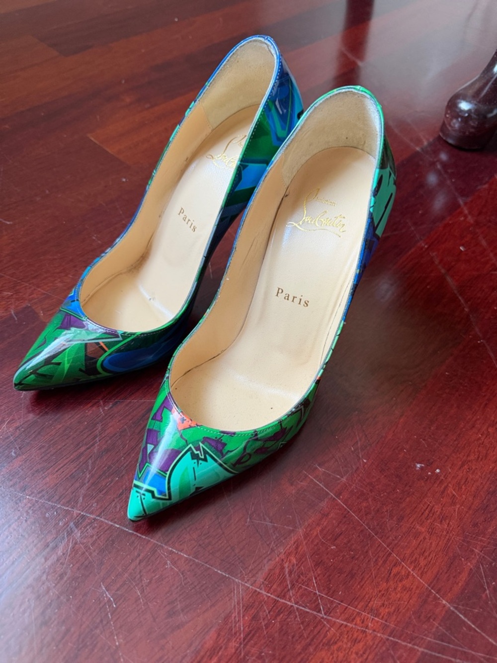 Christian Louboutin Green and Blue Graffiti Patent Pumps
